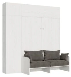 Armoire Lit 120x190 Cm Escamotable Avec Colonne De Rangement Et éléments Hauts Avec Mobilier Bois Frêne Blanc Kanto