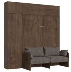Armoire Lit 120x190 Cm Escamotable Avec Colonne De Rangement Et éléments Hauts Avec Mobilier Bois Noyer Kanto