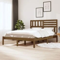 Cadre De Lit Marron Miel Bois De Pin Massif 135x190 Cm Double