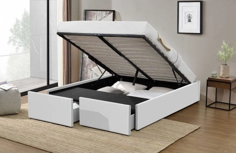 Cadre De Lit Avec Coffre Et 2 Tiroirs 140x190 Cm Simili Cuir Blanc Mat Karmi 3 Cadre De Lit Avec Coffre Et 2 Tiroirs 140x190 Cm Simili Cuir Blanc Mat Karmi – Image 2