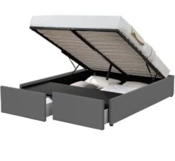 Cadre De Lit Avec Coffre Et 2 Tiroirs 140x190 Cm Simili Cuir Gris Mat Karmi