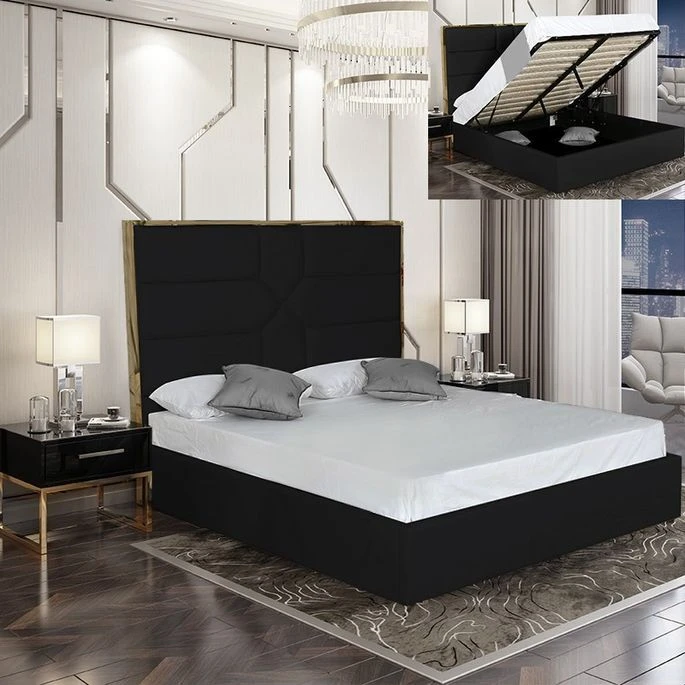 Lit 140x190 Cm Avec Coffre De Rangement Et Tête De Lit Simili Noir Et Laiton Delhie 6 Lit 140x190 Cm Avec Coffre De Rangement Et Tête De Lit Simili Noir Et Laiton Delhie – Image 4