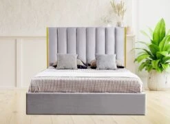 Lit 160x200 Cm Avec Coffre De Rangement Et Tête De Lit Velours Gris Et Laiton Pika