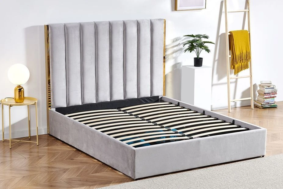 Lit 160x200 Cm Avec Coffre De Rangement Et Tête De Lit Velours Gris Et Laiton Pika 6 Lit 160x200 Cm Avec Coffre De Rangement Et Tête De Lit Velours Gris Et Laiton Pika – Image 4
