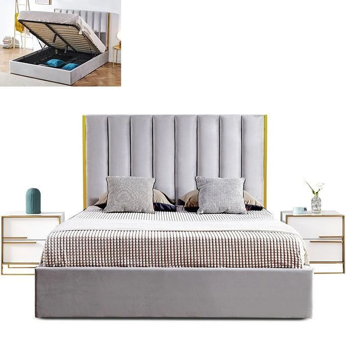 Lit 160x200 Cm Avec Coffre De Rangement Et Tête De Lit Velours Gris Et Laiton Pika 10 Lit 160x200 Cm Avec Coffre De Rangement Et Tête De Lit Velours Gris Et Laiton Pika – Image 8