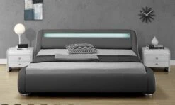 Lit à Led 160x200 Cm Simili Cuir Gris Liseré Blanc Night -Pas Cher Lit Magasin lit a led 160x200 cm simili cuir gris lisere blanc night 3666722100854 395099