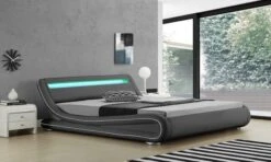 Lit à Led 160x200 Cm Simili Cuir Gris Liseré Blanc Night -Pas Cher Lit Magasin lit a led 160x200 cm simili cuir gris lisere blanc night 3666722100854 395100