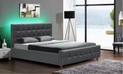 Lit à Led Simili Gris Avec Coffre 160 Kate + Matelas Mémoire 24 Cm
