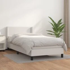 Lit à Sommier Tapissier Avec Matelas Blanc 80x200 Cm Similicuir