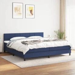 Lit à Sommier Tapissier Avec Matelas Bleu 200x200 Cm Tissu 3