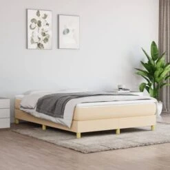 Lit à Sommier Tapissier Avec Matelas Crème 140x200 Cm Tissu