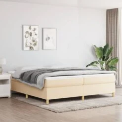 Lit à Sommier Tapissier Avec Matelas Crème 200x200 Cm Tissu 13