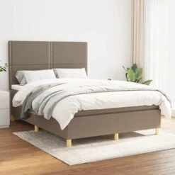 Lit à Sommier Tapissier Avec Matelas Taupe 140x200 Cm Tissu