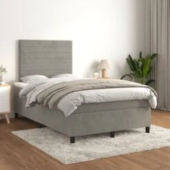 Lit à Sommier Tapissier Et Matelas Gris Clair 120x200cm Velours 3