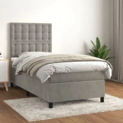 Lit à Sommier Tapissier Et Matelas Gris Clair 80x200 Cm Velours 2
