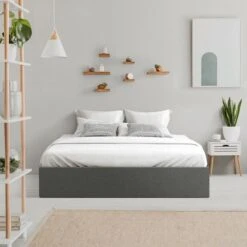 Cadre De Lit Adulte 160 X 200 Cm + Coffre De Journée - Tissu Gris Foncé - ECLIPSE -Pas Cher Lit Magasin lit adulte 160 x 200 cm coffre de journee tissu gris fonce eclipse 3612400684239 535715