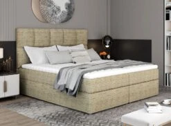 Lit Boxspring Tissu Beige Chiné Avec Matelas Et Surmatelas Lizen