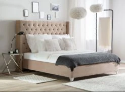 Lit Capitonné Chesterfield Velours Beige Klouto 180x200 Cm