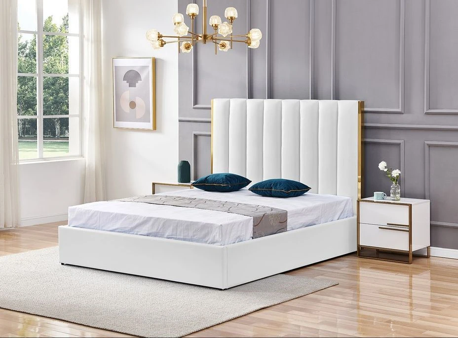 Lit Coffre 140x190 Cm Simili Cuir Blanc Et Doré Pika 4 Lit Coffre 140x190 Cm Simili Cuir Blanc Et Doré Pika – Image 2