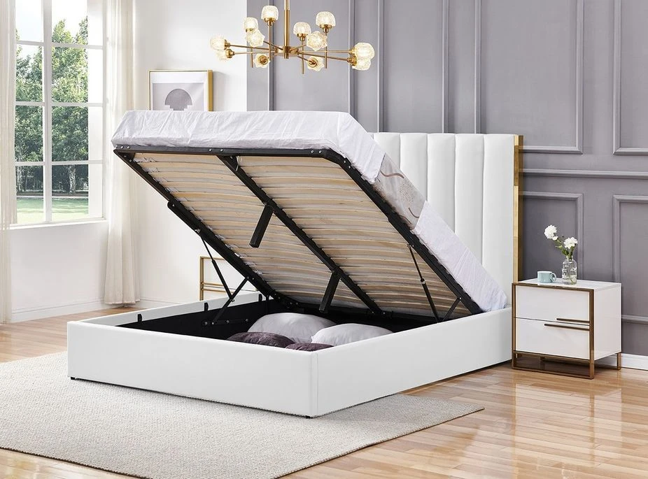 Lit Coffre 140x190 Cm Simili Cuir Blanc Et Doré Pika 5 Lit Coffre 140x190 Cm Simili Cuir Blanc Et Doré Pika – Image 3