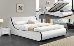 Lit Coffre 160x200 Cm Simili Cuir Blanc Mat Liseré Noir Asora -Pas Cher Lit Magasin lit coffre 160x200 cm simili cuir blanc mat lisere noir aster 3557630028197 329496