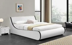 Lit Coffre 160x200 Cm Simili Cuir Blanc Mat Liseré Noir Asora