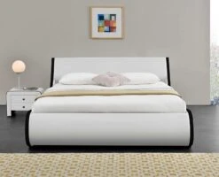 Lit Coffre 160x200 Cm Simili Cuir Blanc Mat Liseré Noir Asora -Pas Cher Lit Magasin lit coffre 160x200 cm simili cuir blanc mat lisere noir aster 3557630028197 570400