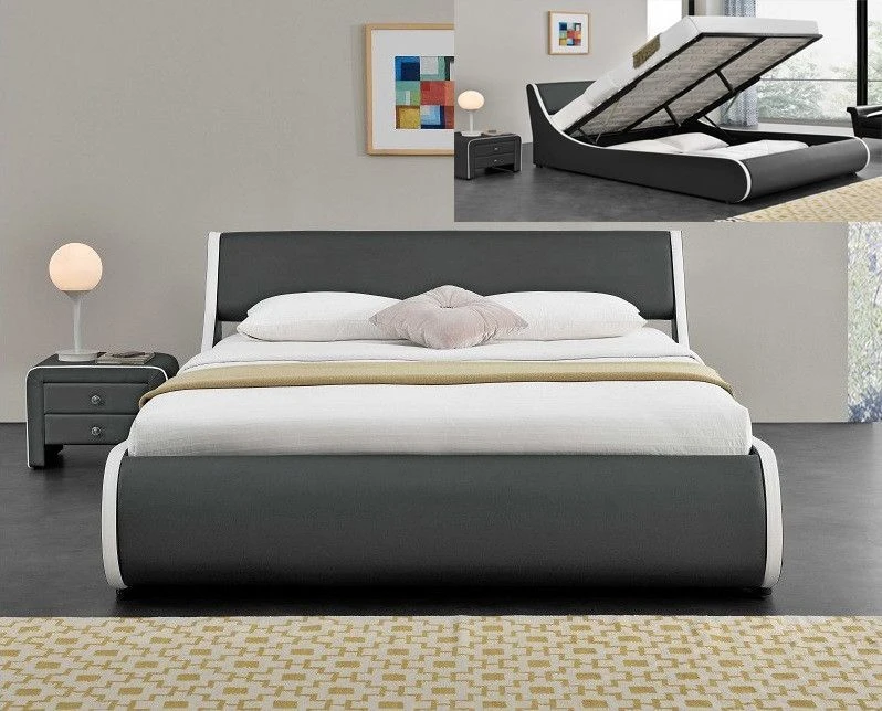 Lit Coffre 180x200 Cm Simili Cuir Gris Mat Liseré Blanc Asora 4 Lit Coffre 180x200 Cm Simili Cuir Gris Mat Liseré Blanc Asora – Image 2