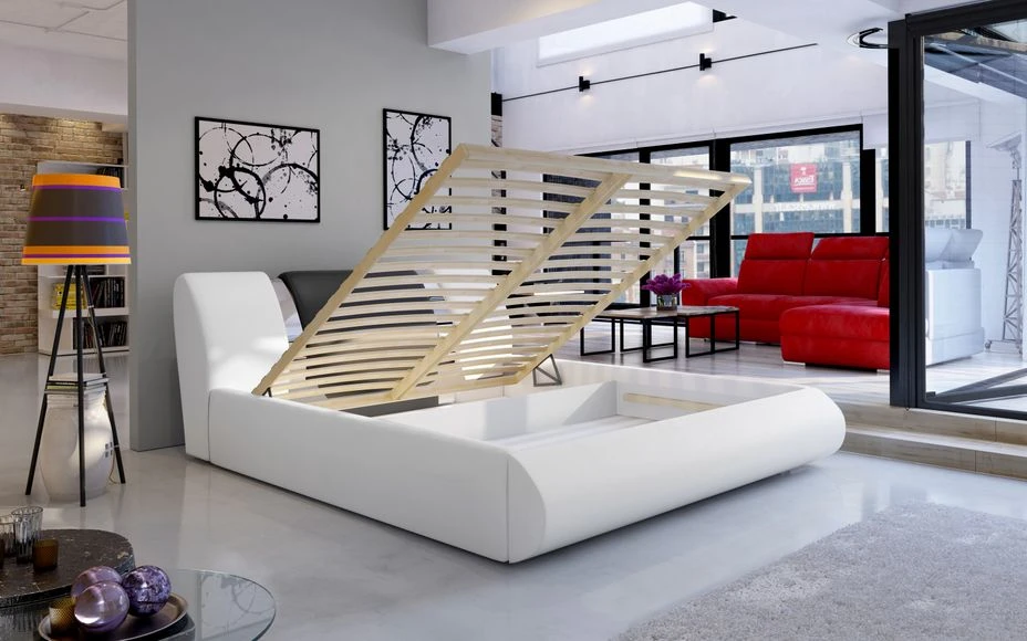 Lit Coffre 180x200 Cm Simili Marron/beige Et Métal Chromé Flavien 5 Lit Coffre 180x200 Cm Simili Marron/beige Et Métal Chromé Flavien – Image 3