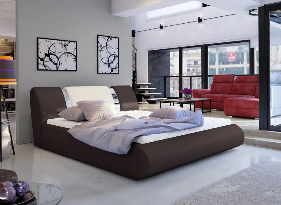 Lit Coffre 180x200 Cm Simili Marron/beige Et Métal Chromé Flavien 4 Lit Coffre 180x200 Cm Simili Marron/beige Et Métal Chromé Flavien – Image 2