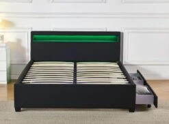 Lit Coffre à LED Et 2 Tiroirs 140x190 Cm Simili Cuir Noir Olaro -Pas Cher Lit Magasin lit coffre a led et 2 tiroirs 140x190 cm simili cuir noir olaro 3327480065105 1135946