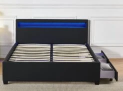 Lit Coffre à LED Et 2 Tiroirs 140x190 Cm Simili Cuir Noir Olaro -Pas Cher Lit Magasin lit coffre a led et 2 tiroirs 140x190 cm simili cuir noir olaro 3327480065105 1135947