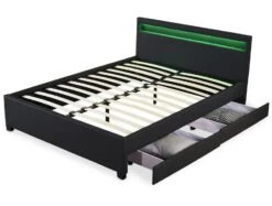 Lit Coffre à LED Et 2 Tiroirs 140x190 Cm Simili Cuir Noir Olaro -Pas Cher Lit Magasin lit coffre a led et 2 tiroirs 140x190 cm simili cuir noir olaro 3327480065105 1135948