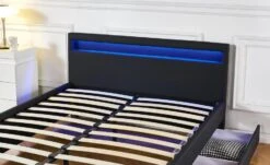 Lit Coffre à LED Et 2 Tiroirs 160x200 Cm Simili Cuir Noir Olaro -Pas Cher Lit Magasin lit coffre a led et 2 tiroirs 160x200 cm simili cuir noir olaro 3327480065129 1135939