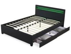 Lit Coffre à LED Et 2 Tiroirs 160x200 Cm Simili Cuir Noir Olaro -Pas Cher Lit Magasin lit coffre a led et 2 tiroirs 160x200 cm simili cuir noir olaro 3327480065129 1135940