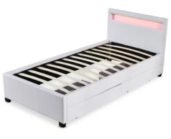 Lit Coffre à LED Et 2 Tiroirs 90x190 Cm Simili Cuir Blanc Olaro