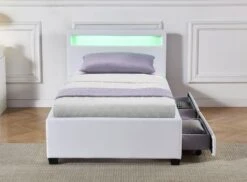 Lit Coffre à LED Et 2 Tiroirs 90x190 Cm Simili Cuir Blanc Olaro -Pas Cher Lit Magasin lit coffre a led et 2 tiroirs 90x190 cm simili cuir blanc olaro 3327480065075 1135961