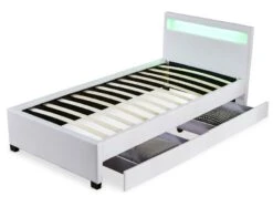 Lit Coffre à LED Et 2 Tiroirs 90x190 Cm Simili Cuir Blanc Olaro -Pas Cher Lit Magasin lit coffre a led et 2 tiroirs 90x190 cm simili cuir blanc olaro 3327480065075 1135963