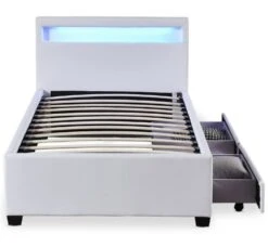 Lit Coffre à LED Et 2 Tiroirs 90x190 Cm Simili Cuir Blanc Olaro -Pas Cher Lit Magasin lit coffre a led et 2 tiroirs 90x190 cm simili cuir blanc olaro 3327480065075 1135964