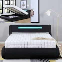 Lit Coffre à LED Simili Cuir Noir Reillu 140x190 Cm