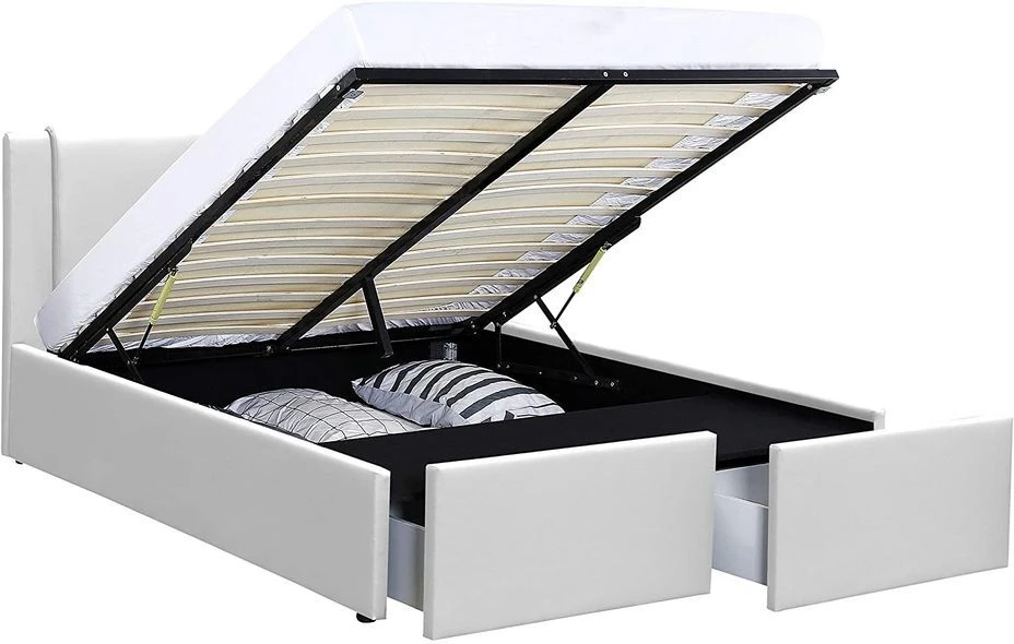 Lit Coffre Avec 2 Tiroirs 140x190 Cm Simili Cuir Blanc Jorn 5 Lit Coffre Avec 2 Tiroirs 140x190 Cm Simili Cuir Blanc Jorn – Image 3