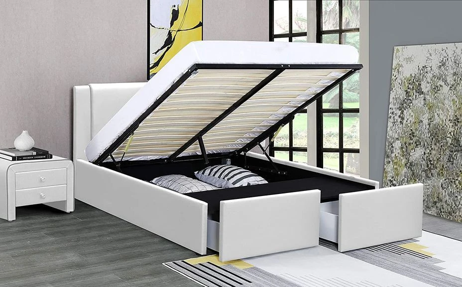 Lit Coffre Avec 2 Tiroirs 140x190 Cm Simili Cuir Blanc Jorn 4 Lit Coffre Avec 2 Tiroirs 140x190 Cm Simili Cuir Blanc Jorn – Image 2