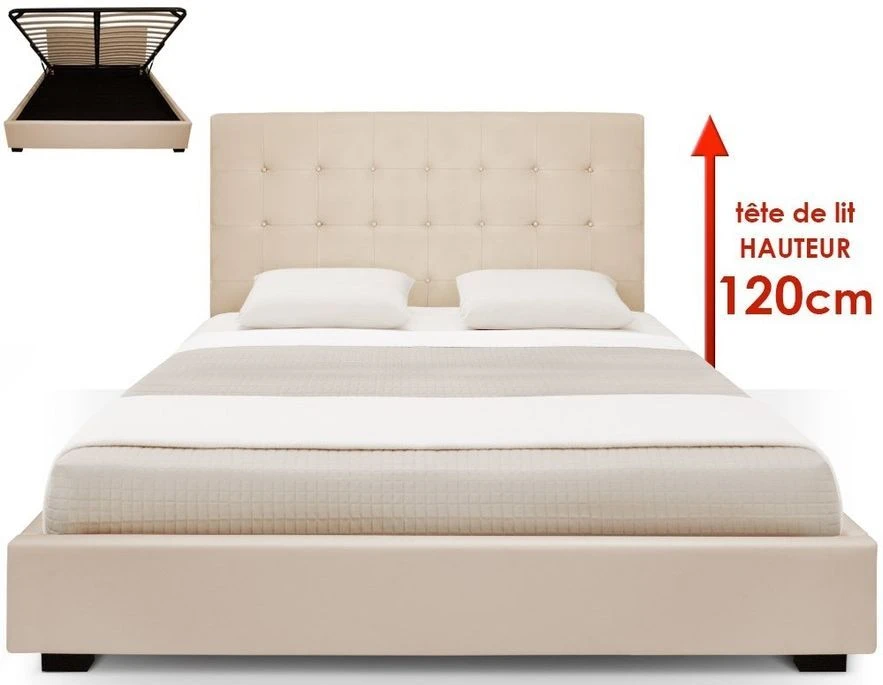 Lit Coffre Simili Cuir Beige Avec Sommier Relevable Milan 180x200 Cm 4 Lit Coffre Simili Cuir Beige Avec Sommier Relevable Milan 180x200 Cm – Image 2