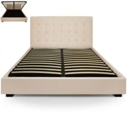 Lit Coffre Simili Cuir Beige Avec Sommier Relevable Milan 180x200 Cm