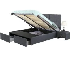 Lit Coffre Velours Gris 2 Tiroirs Krazo 140x190 Cm