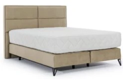 Lit Continental Tissu Beige Tiempo Avec Matelas 30 Cm En Latex Et Pied Métal Noir