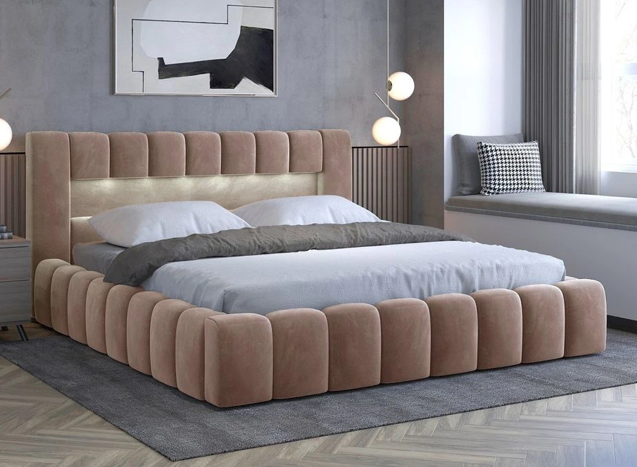 Lit Design 180x200 Cm Avec Coffre De Rangement Tapissé Velours Marron Clair Luto 3 Lit Design 180x200 Cm Avec Coffre De Rangement Tapissé Velours Marron Clair Luto