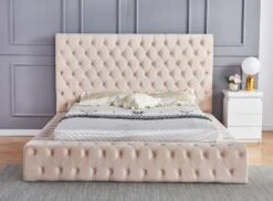 Lit Design Capitonné Velours Beige Clair Kouma 140x190 Cm