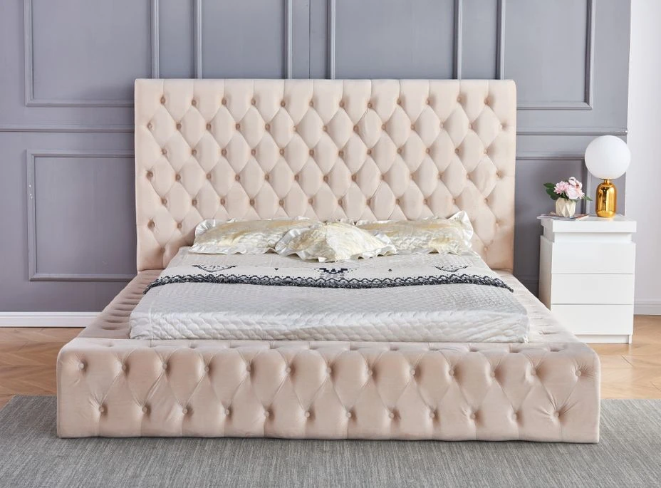 Lit Design Capitonné Velours Beige Clair Kouma 180x200 Cm 3 Lit Design Capitonné Velours Beige Clair Kouma 180x200 Cm