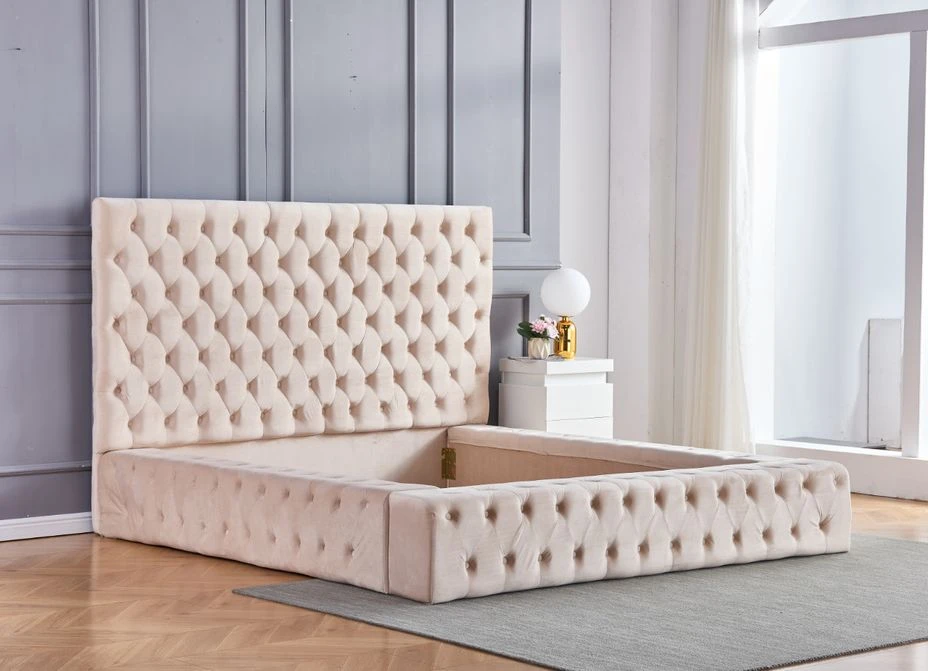 Lit Design Capitonné Velours Beige Clair Kouma 180x200 Cm 4 Lit Design Capitonné Velours Beige Clair Kouma 180x200 Cm – Image 2